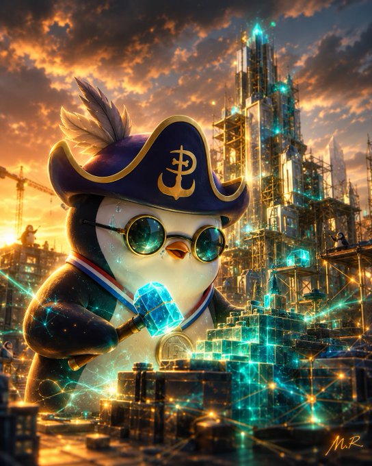 Digital artwork of a penguin dressed as a pirate with a hat, monocle, and gold medal, holding a glowing blue crystal in front of a glowing futuristic cityscape at sunset.