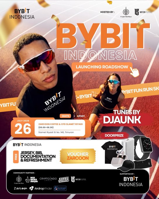 A promotional flyer for 'BYBIT INDONESIA Launching Roadshow' on July 26, 2020, at Zarcoor Coffee & CFD Slamet Riyadi, with tunes by Djaunk.
