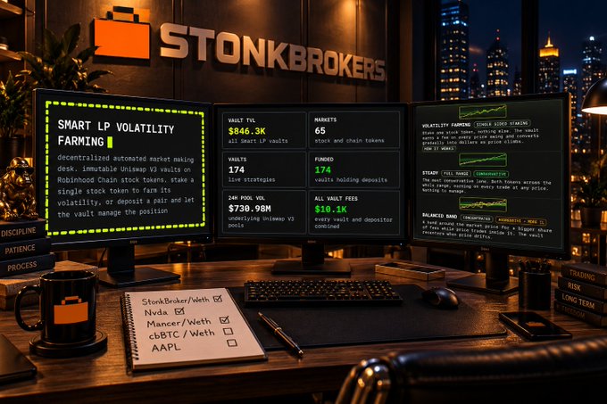 A trading workstation labeled 'STONKBROKERS' featuring three monitors displaying data on 'SMART LP VOLATILITY FARMING' with vault TVL of $846.3K, 65 markets, and Uniswap V3 stats.