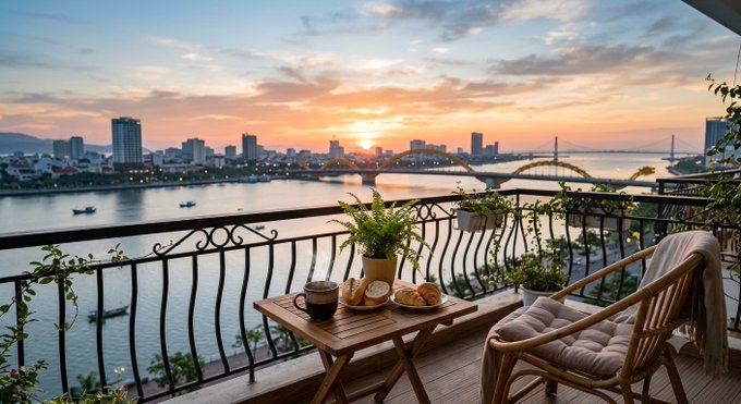 A serene balcony scene at sunset overlooks a river with a bridge and city skyline, featuring a small table with pastries and coffee next to a cushioned chair.