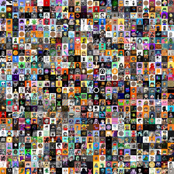 A large collage composed of hundreds of small, colorful NFT or profile picture avatars arranged in a grid pattern.