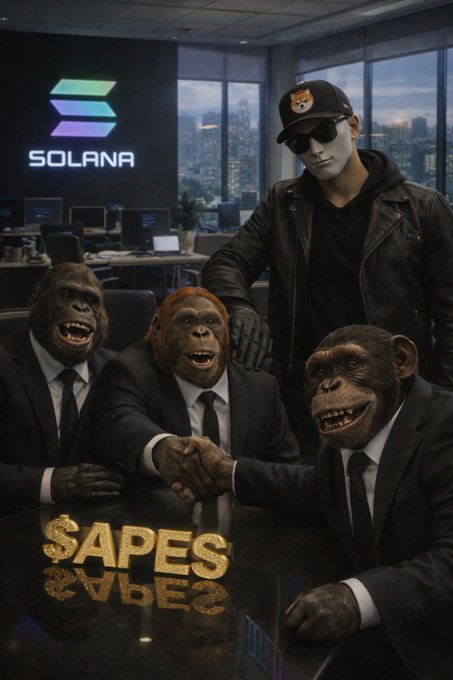 Crypto-themed scene featuring figures in ape and human masks shaking hands in front of a Solana logo, with '$APES' displayed in gold text at the bottom.