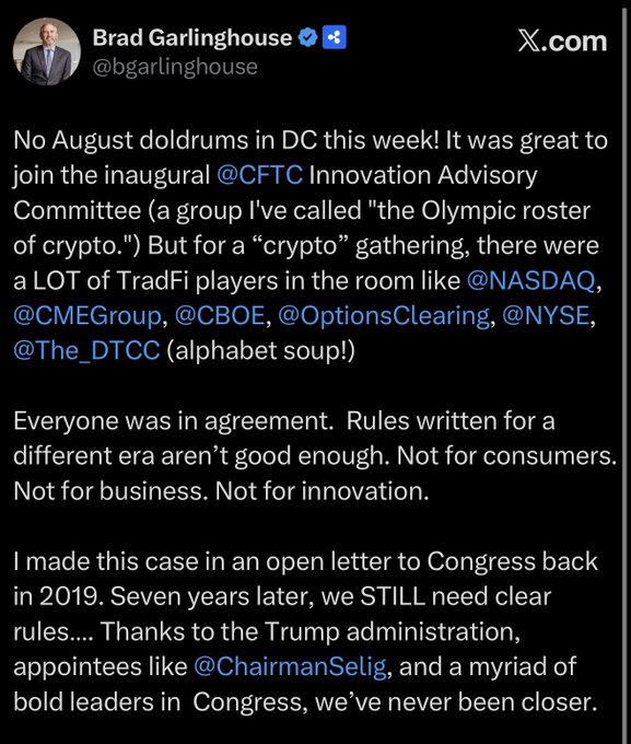 A tweet by Brad Garlinghouse (@bgarlinghouse) about attending the inaugural @CFTC Innovation Advisory Committee in DC, noting the presence of TradFi players and calling for clear crypto regulations.