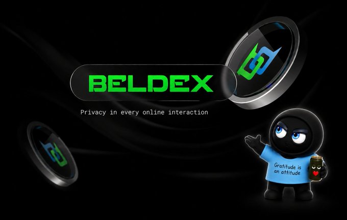 A promotional image for BELDEX with the tagline 'Privacy in every online interaction' alongside a cartoon ninja character holding a jar labeled 'Gratitude is an attitude.'