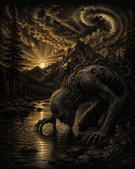 A dark, intricate illustration depicts a hunched, monstrous creature drinking from a forest pool under a swirling, moonlit sky, rendered in shades of black and gold.