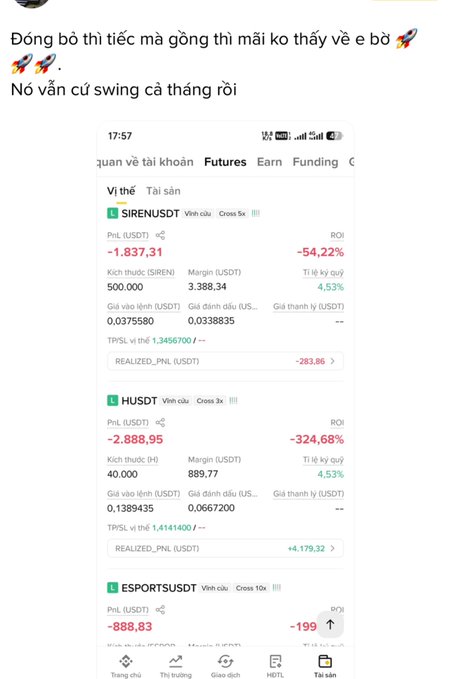 Vietnamese trading complaint post showing futures positions with significant losses: SIRENUSDT PnL -1,837.31 (-54.22%) and HUSDT PnL -2,888.95 (-324.68%), with caption complaining about losing money on altcoins.