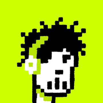 A pixel-art style illustration on a bright lime green background showing a stylized black-and-white skull-like face with spiky hair and an ear.