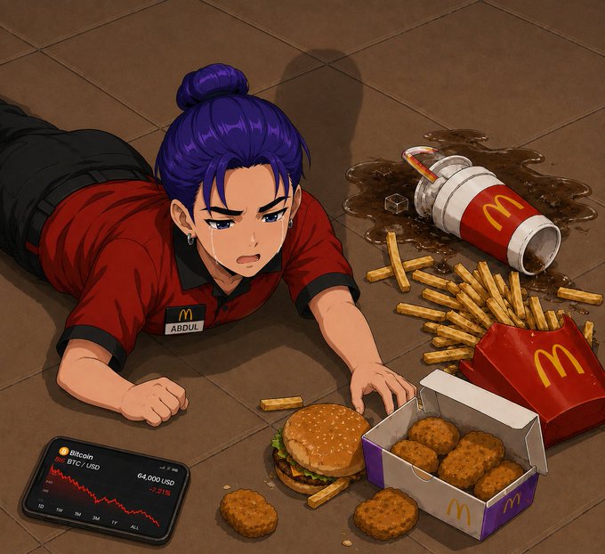 The image features an illustration of a woman with blue hair lying on her stomach on the floor next to a McDonald's box of food. The food includes a hamburger, french fries, and a drink. There are also two cell phones visible in the scene - one near the bottom left corner and another towards the top right corner. A keyboard is placed at the bottom center of the image.