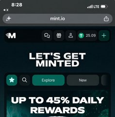 A mobile screenshot of mint.io showing 'LET'S GET MINTED' and 'UP TO 45% DAILY REWARDS' with a balance of 25.09.
