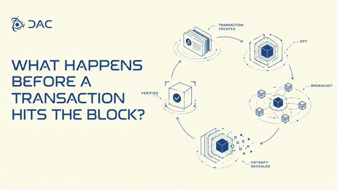 An OAC informational graphic titled 'WHAT HAPPENS BEFORE A TRANSACTION HITS THE BLOCK?' illustrating a transaction lifecycle with steps: Transaction Created, EPT, Broadcast, Entropy Revealed, and Verified.