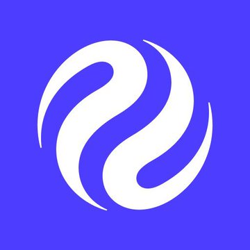 A white stylized logo featuring a swirling design on a solid purple background.