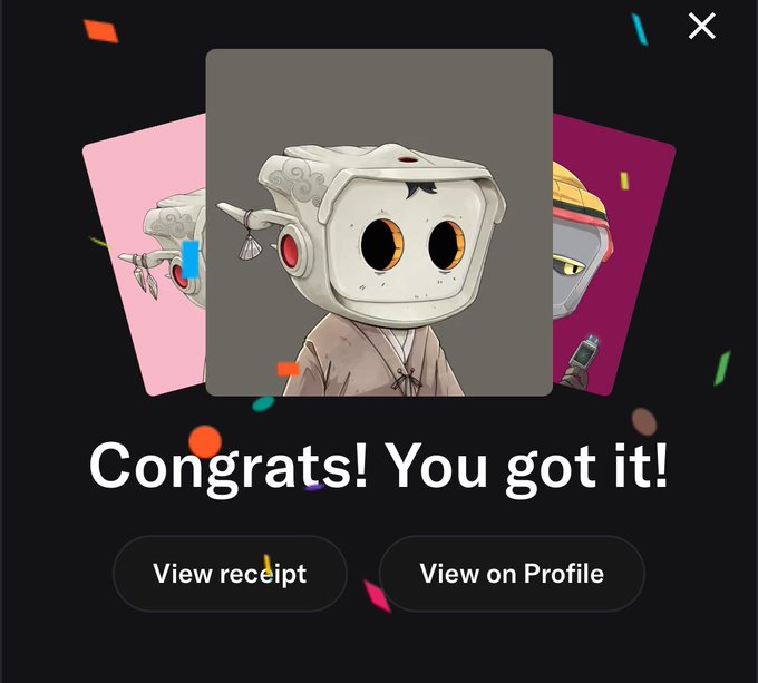 A 'Congrats! You got it!' NFT acquisition screen displaying three cartoon-style character profile pictures including a central figure in a traditional Asian-style outfit with an animal-eared hat.