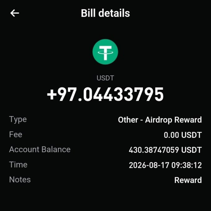 A mobile app screen displays a bill details receipt showing a USDT airdrop reward of +97.04433795, with an account balance of 430.38747059 USDT dated 2026-08-17.
