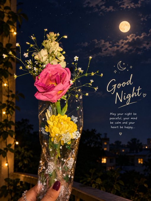 A hand holds a bouquet of flowers wrapped in plastic against a night sky with a full moon, accompanied by text reading "Good Night" and "May your night be peaceful, your mind be calm and your heart be happy..."