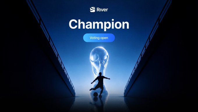 A promotional graphic showing a silhouetted soccer player kicking a ball toward a glowing trophy, with the text 'River Champion' and a 'Voting open' button at the top.