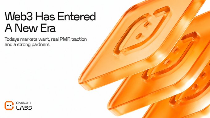The image is a promotional banner for ChainGPT Labs featuring the headline "Web3 Has Entered A New Era" alongside the tagline "Todays markets want, real PMF, traction and a strong partners," with translucent orange triangular icons resembling play buttons. The bold orange design visually reinforces the call-to-action in the caption, inviting viewers to join the Web3 residency program at labs.chaingpt.org/residency as part of this new era.