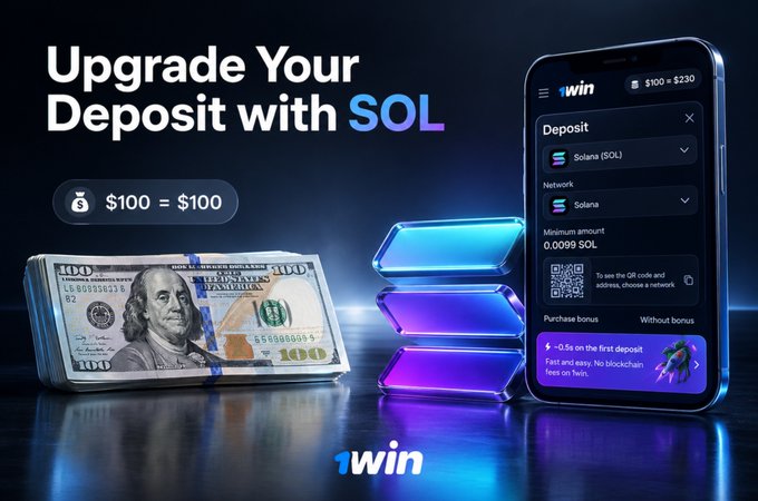 An advertisement for '1win' featuring the headline 'Upgrade Your Deposit with SOL', a stack of $100 bills, blue digital coins, and a mobile app interface showing a deposit option for Solana (SOL) on the Solana network with a minimum amount of 0.0099 SOL.