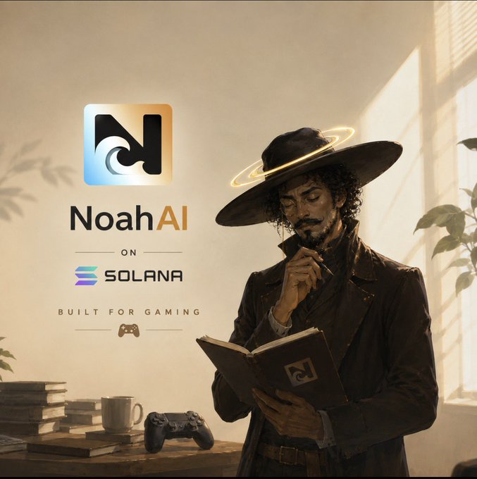 A promotional image for 'NoahAI ON SOLANA' featuring a digital illustration of a man in a wide-brimmed hat reading a book, with the text 'BUILT FOR GAMING' and a game controller icon.