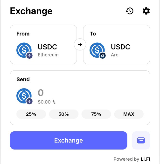 A screenshot of the LI.FI Exchange interface showing a USDC-to-USDC bridge swap from the Ethereum network to the Arc network, with a send amount field currently set to 0 ($0.00) and quick-select percentage buttons (25%, 50%, 75%, MAX). This visually illustrates the tutorial step to bridge USDC onto the Arc ecosystem in preparation for its upcoming mainnet launch.