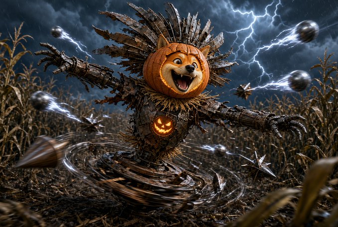 A surreal horror illustration of a scarecrow-like creature with a pumpkin head containing a roaring dog face, holding electrical orbs in a stormy cornfield with lightning.