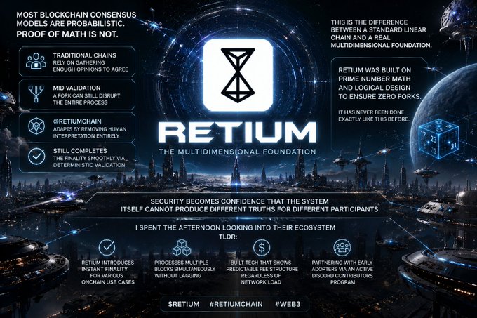 A promotional infographic for RETIUM blockchain, described as 'The Multidimensional Foundation,' highlighting features like zero forks, instant finality, and DDoS resistance.