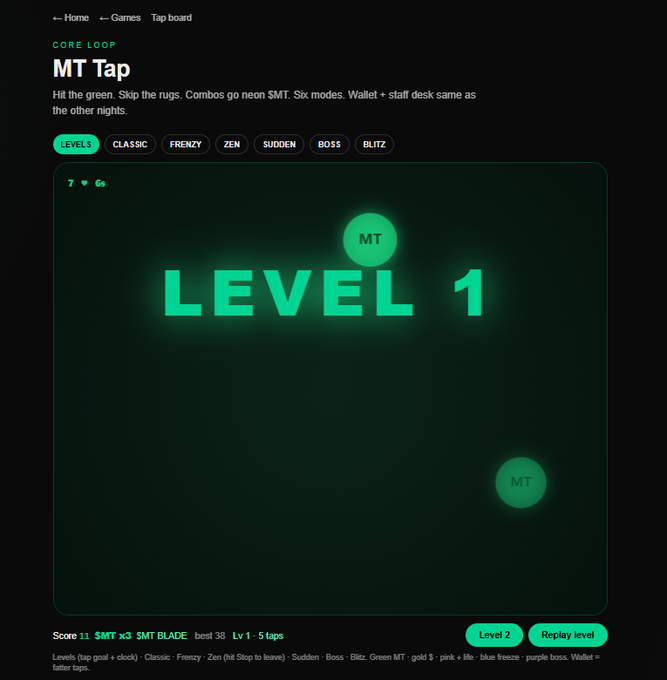 A screenshot of a game interface titled 'MT Tap' showing 'LEVEL 1' in glowing green text with green 'MT' balls, with mode options like Classic, Frenzy, and Zen at the top.