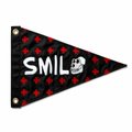 A small dark red triangular pennant with white polka dots and the text 'SMIL' accompanied by a small devil-like character icon.