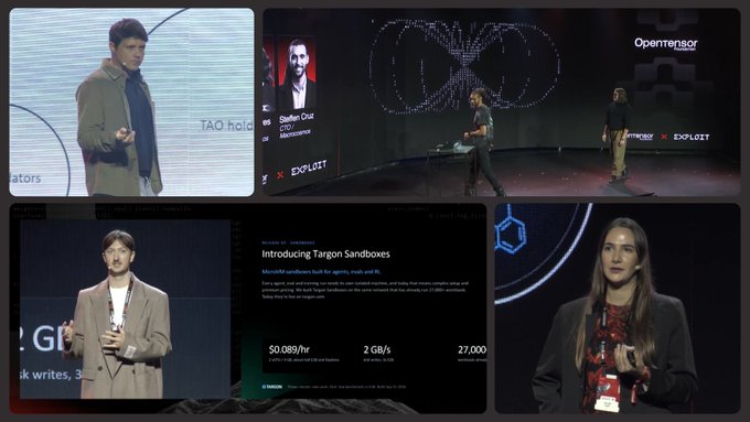 A collage of tech conference screenshots shows multiple speakers presenting on stage, including slides about "Targon Sandboxes" with metrics $0.089/hr, 2 GB/s, and 27,000, along with branding for TAO, Opentensor, and ExploIT.