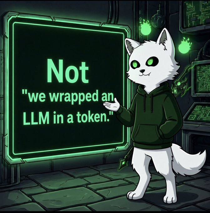 An anthropomorphic white fox in a dark green hoodie stands beside a glowing neon green sign displaying "Not 'we wrapped an LLM in a token,'" gesturing toward the message in a tech-themed room filled with circuitry. The image visually emphasizes the post's argument that Ritual.net's protocol-level AI integration enables a broader design space of onchain AI applications—ranging from stablecoins to prediction markets—rather than just being a simple LLM wrapper.