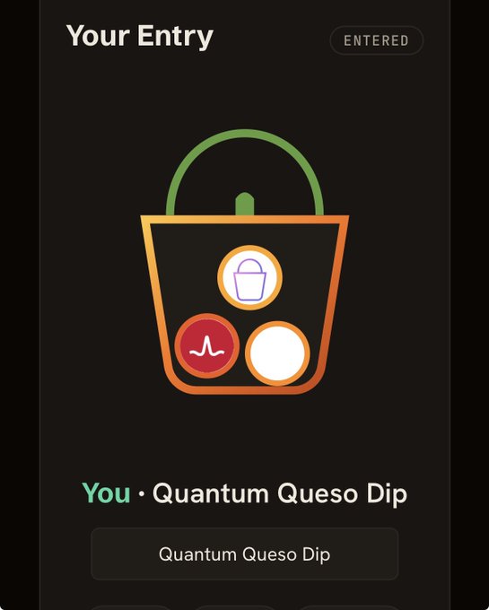 A digital entry confirmation screen displaying 'Your Entry' as 'ENTERED' for a contest called 'Quantum Queso Dip', featuring an illustration of an orange shopping basket with app icons.