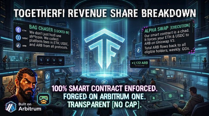 A graphic titled 'TOGETHERFI REVENUE SHARE BREAKDOWN' highlighting '100% SMART CONTRACT ENFORCED' and 'Built on Arbitrum', detailing features like 'BAG CHASER' and 'ALPHA SWAP' for ETH, USDC, and ARB distributions.