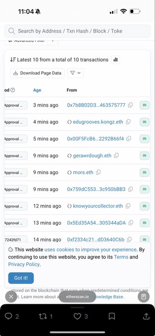 A mobile browser view of etherscan.io displays the 'Latest 10 from a total of 10 Transactions' with multiple 'IN' transfers from addresses such as '0x7b8B02D3...46357577' and 'edugrooves.kongz.eth' occurring within the last 14 minutes.