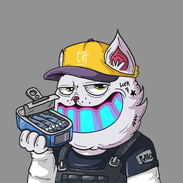 An illustration of a white anthropomorphic cat wearing a yellow and purple "CAT" cap, showing a wide neon-teal grin, while holding an open sardine can with "CAT" written on the brim.
