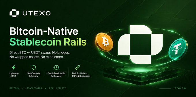 Promotional banner for UTEXO advertising 'Bitcoin-Native Stablecoin Rails' for direct BTC to USDT swaps without bridges or wrapped assets, highlighting Lightning, RGB, and Self-Custody features.
