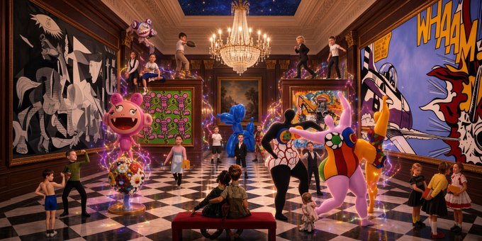 A surreal digital artwork depicting children and adults interacting with colorful cartoon characters and sculptures in an ornate gallery with chandeliers and pop art paintings.