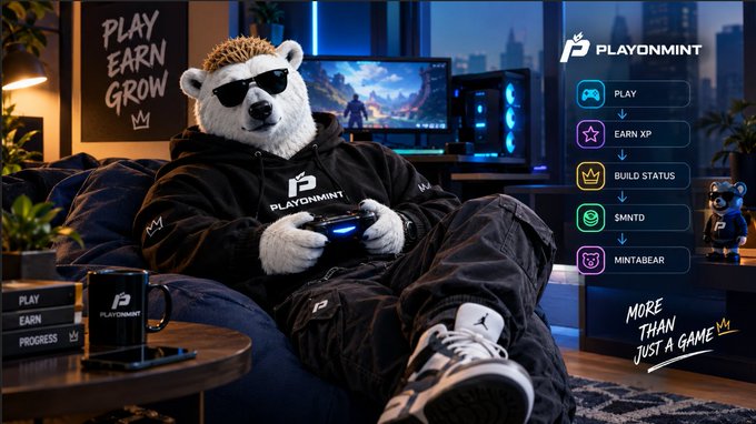An animated promotional image for 'PLAYONMINT' features a bear mascot wearing sunglasses and branded clothing while gaming, with a flow chart showing 'PLAY → EARN XP → BUILD STATUS → $MNTD → MINTABEAR' and the tagline 'MORE THAN JUST A GAME.'