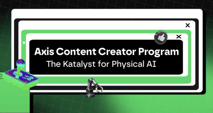A promotional graphic for the 'Axis Content Creator Program - The Katalyst for Physical AI' featuring stylized 3D elements on a green grid background.
