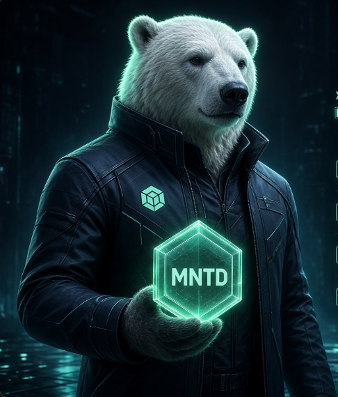 A cyberpunk polar bear wearing a dark leather jacket holds up a glowing green hexagonal token displaying the text "MNTD," set against a neon-lit nighttime backdrop. The futuristic mascot visually reinforces the post's message about $MNTD's innovative "build first, announce later" approach to gamified crypto rewards.