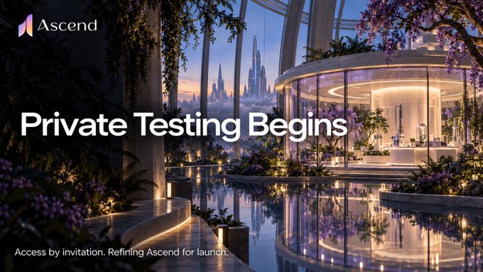 The image shows an elegant, futuristic architectural rendering of a glass-walled structure surrounded by lush purple-flowering vines and reflective pools, with the "Ascend" logo in the top left and bold text reading "Private Testing Begins," accompanied by a smaller subtitle noting "Access by invitation. Refining Ascend for launch." The accompanying post relates to this by seeking direct message contact from previously interested parties to join their private testing phase, emphasizing that access is limited to genuine early supporters rather than being open to everyone who reaches out.