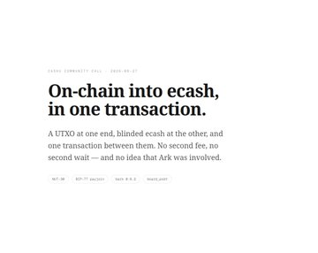 A minimalist text graphic with the headline 'On-chain into ecash, in one transaction.' describing a UTXO-to-cash conversion process labeled ZERO COMMUNITY POLL 2025-02-27.