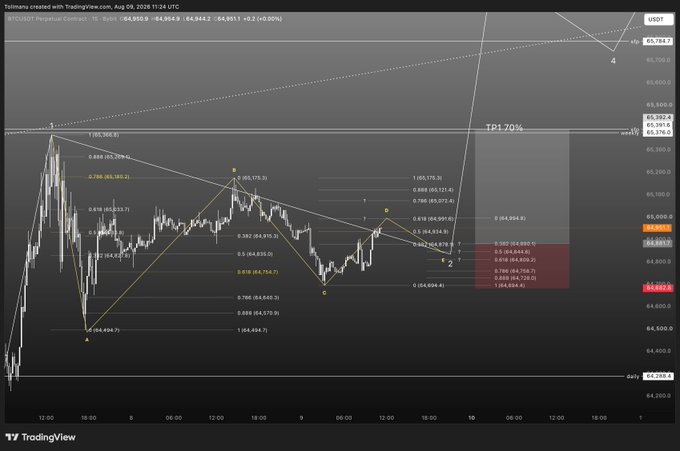 A TradingView chart of the BTC/USDT Perpetual Contract on Binance shows a potential corrective ABCDE triangle pattern with Fibonacci retracement levels (0.236-1.0) annotated, projecting a target price zone between $63,808 and $64,888, with a take profit level marked at TP1 70% near $65,570.