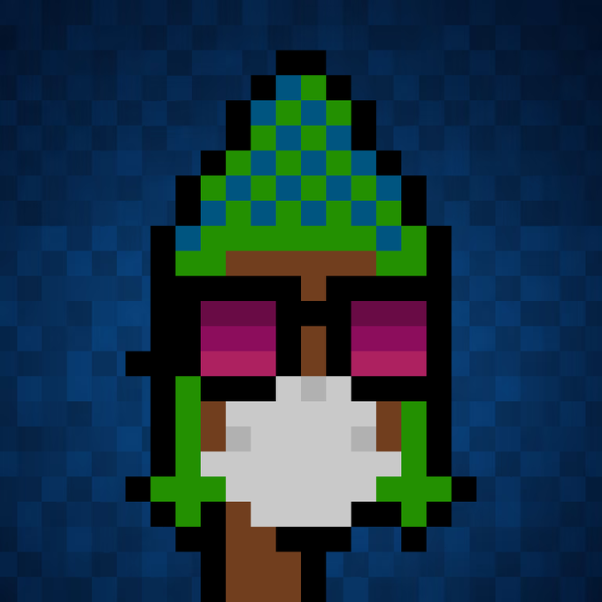 A pixel art character with green and blue pointed features, glowing pink/magenta eyes, and a white face against a dark blue checkered background, representing the rare "Arc Punks" NFT mentioned in the post celebrating a Rank 2 sale for $100.