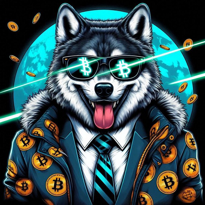 A digital illustration of an anthropomorphic husky dog wearing a suit jacket covered in Bitcoin logos, with glowing green Bitcoin symbols reflected in its sunglasses, set against a blue background with floating Bitcoin coins.