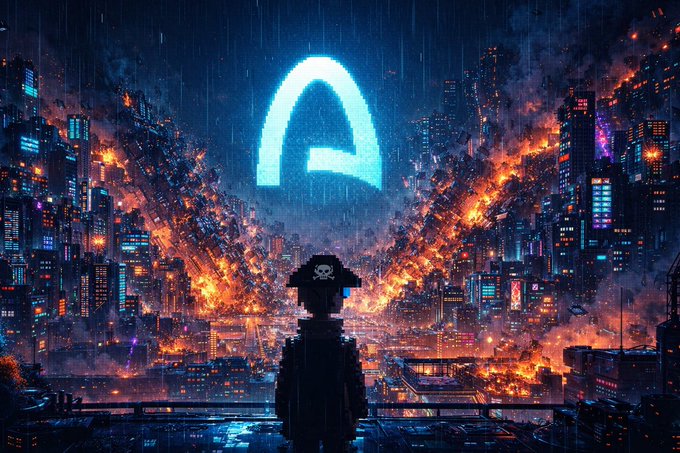 A dark, atmospheric digital artwork showing a silhouetted figure overlooking a burning, dystopian city with a glowing blue 'A' logo in the sky.