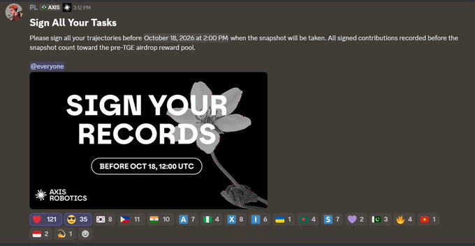 A Discord screenshot from 'PL 👀 AXIS' announcing 'Sign All Your Tasks' with a prompt to sign trajectories before October 18, 2026, featuring a black and white graphic that reads 'SIGN YOUR RECORDS BEFORE OCT 18, 12:00 UTC' branded with 'AXIS ROBOTICS'.