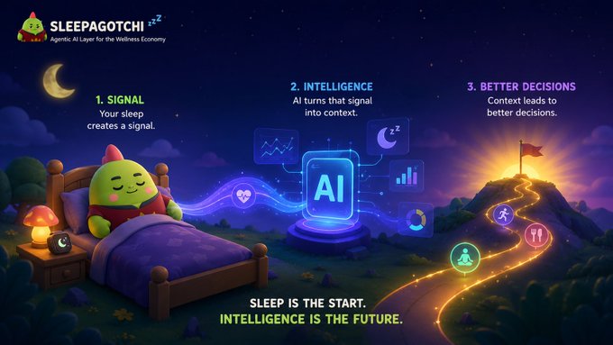 A promotional graphic for 'SLEEPAGOTCHI' - an Agentic AI Layer for the Wellness Economy, showing a cartoon character sleeping in bed with three stages: 1. SIGNAL (sleep creates a signal), 2. INTELLIGENCE (AI turns signal into context), 3. BETTER DECISIONS (context leads to better decisions), with the tagline 'SLEEP IS THE START. INTELLIGENCE IS THE FUTURE.'