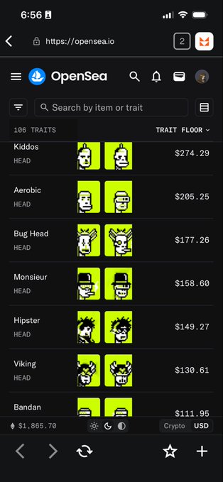 A mobile screenshot of the OpenSea NFT marketplace displays a "106 TRAITS" collection page listing pixel-art HEAD traits like Kiddos ($274.29), Aerobic ($205.25), and Bug Head ($177.26).