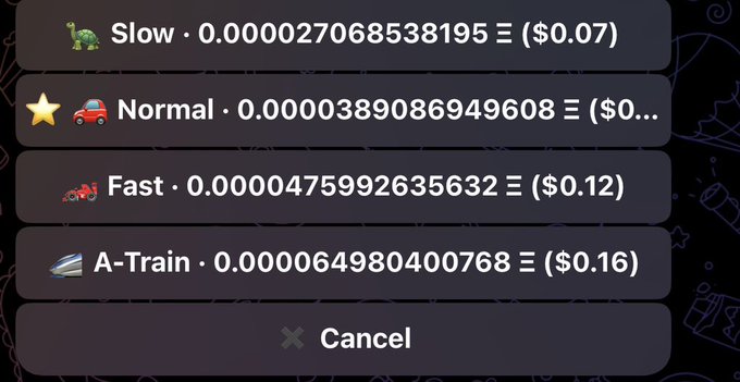 A Robinhood app interface displays gas fee tiers for a transaction, showing options ranging from "Slow" (0.0000027068538195 Ξ / $0.07) to "A-Train" (0.0000064980400768 Ξ / $0.16), with associated emojis like a turtle, star, car, and train. This visual confirms the "GAS ON ROBINHOOD NOW" announcement by showcasing the tiered gas fee selection menu now available on the platform.
