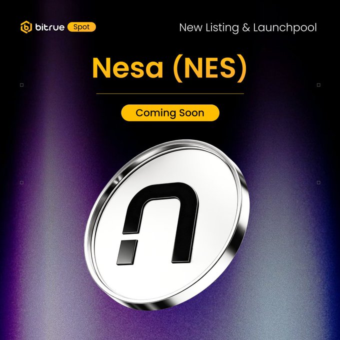 Bitrue announces the upcoming listing of Nesa ($NES) on its Spot exchange, with a "Coming Soon" banner displayed above a stylized silver coin featuring the Nesa logo against a dark background. The promotion teases a launchpool event exclusively for $BTR holders and $NES/USDT trading beginning July 3rd.