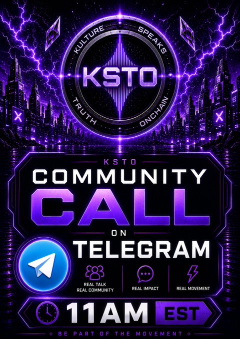 A purple-themed promotional graphic for "KSTO Community Call on Telegram" at 11AM EST, featuring KSTO branding.